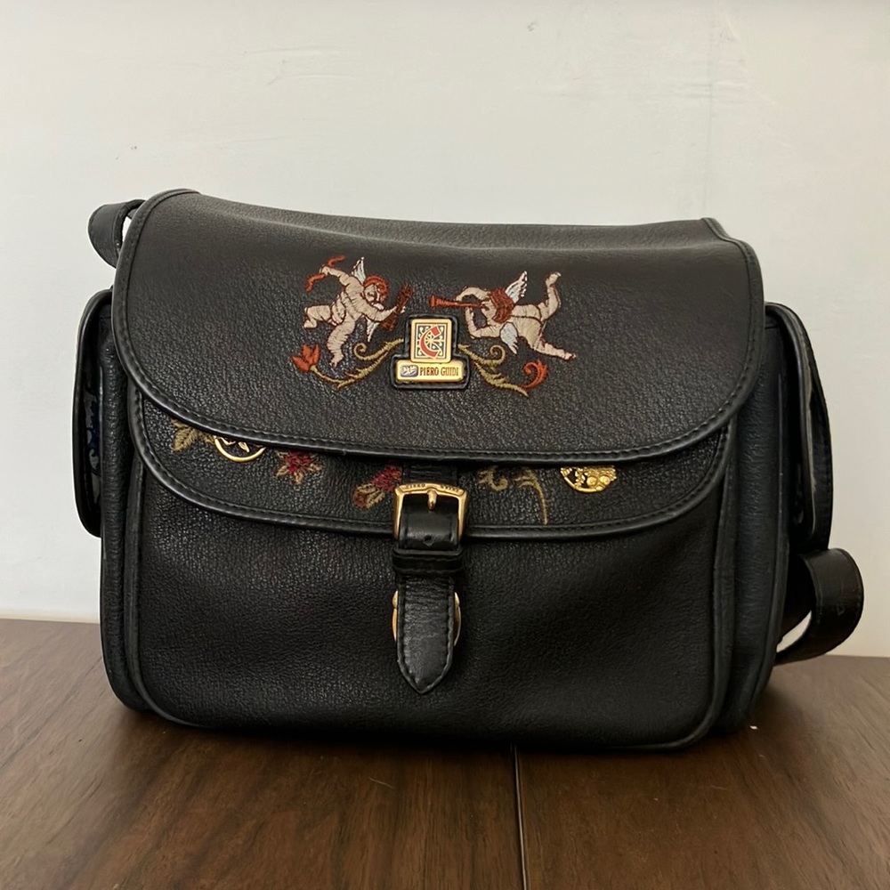 Piero Guidi Black Embroidery Crossbody Bag